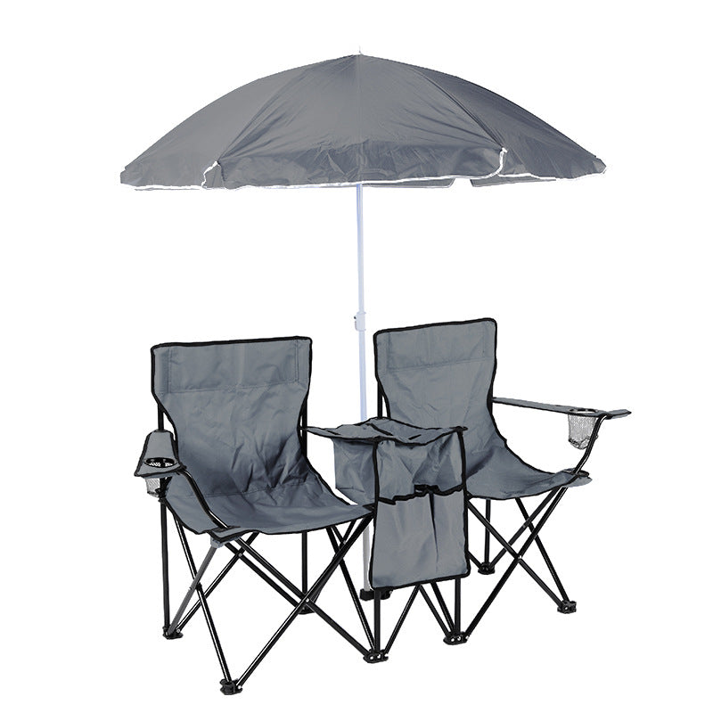Double Camping Loveseat Chair with Umbrella - Folding Outdoor Beach Chair Set with Cooler & Side Table