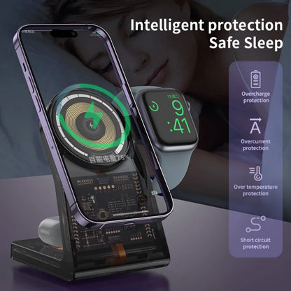 3-in-1 Transparent Magnetic Wireless Charger Stand - Fast Charging Station for iPhone, Apple Watch & AirPods