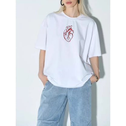 Minimalist Anatomical Heart Print Loose Round Neck T-Shirt