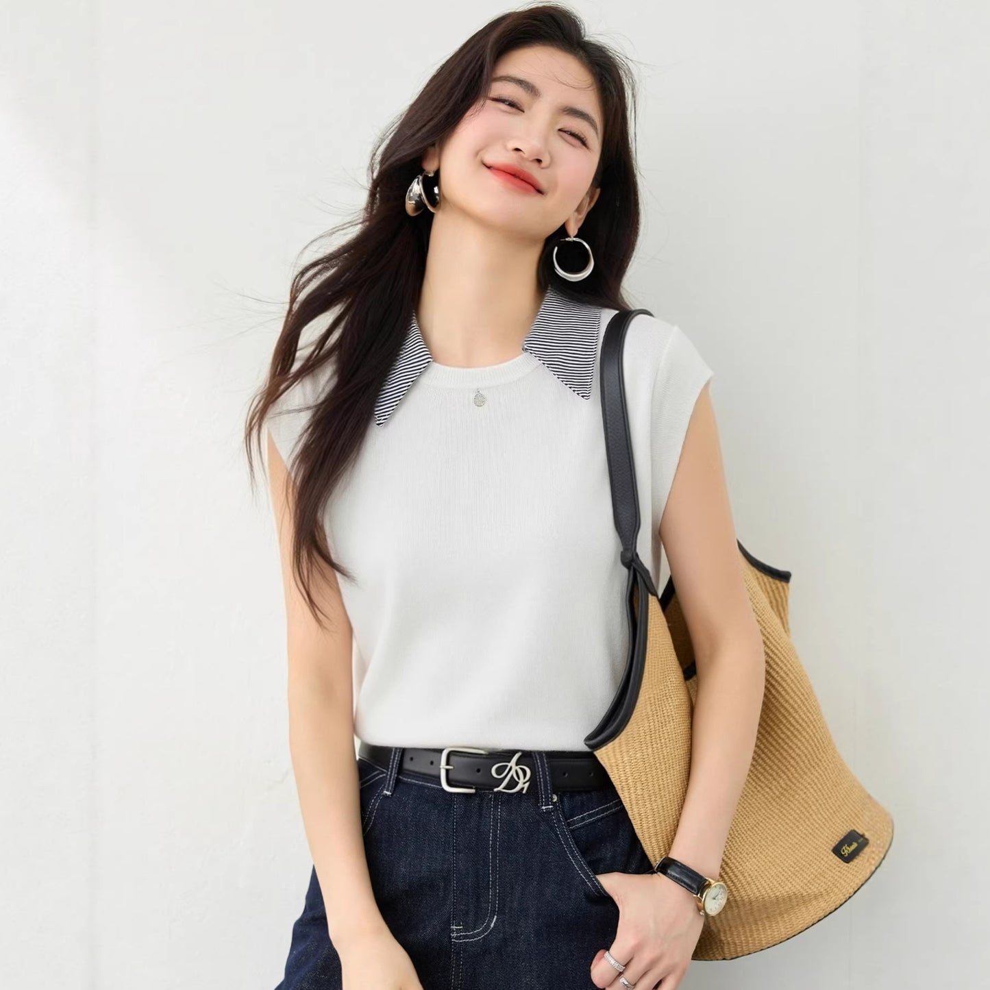 Stripe Turn-down Collar Short Sleeve Knit Top with Layered Look