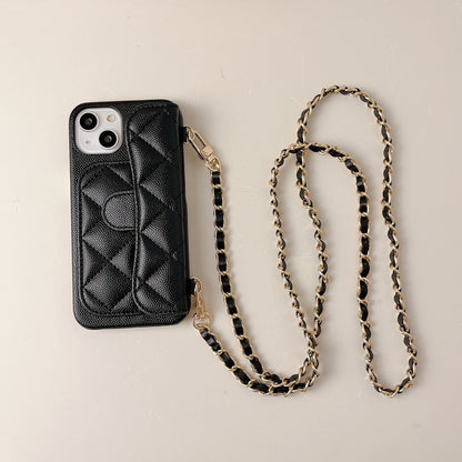 Luxury Quilted Leather Wallet Phone Case with Crossbody Chain & Card Holder for iPhone 16 15 14 13 Pro Max