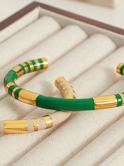 Modern Green Enamel Titanium Steel Cuff Bracelet for Women