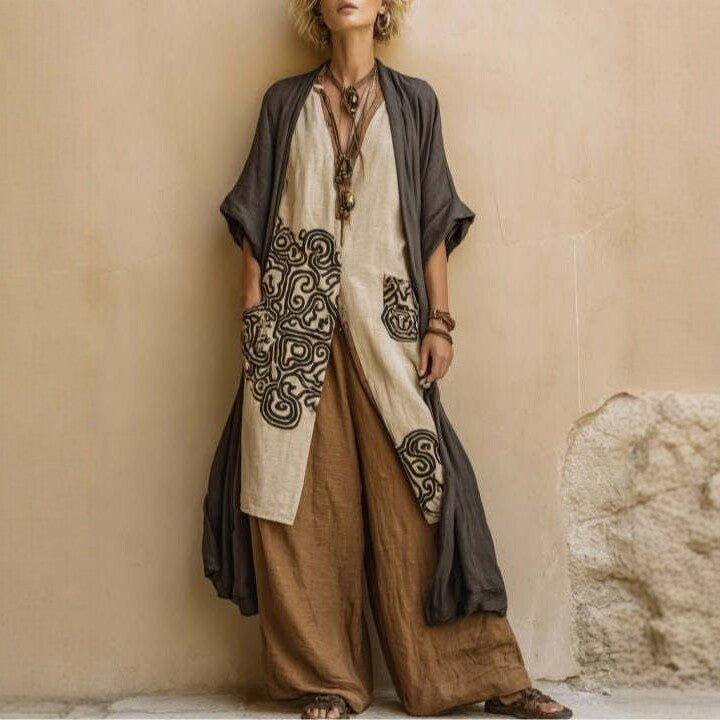 Women's Retro Embroidered Long Robe and Wide-Leg Pants Two-Piece Set