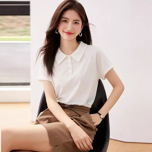 Elegant Ice Silk Knitted Polo Shirt - Unique Fitted Regular Shoulder Top for