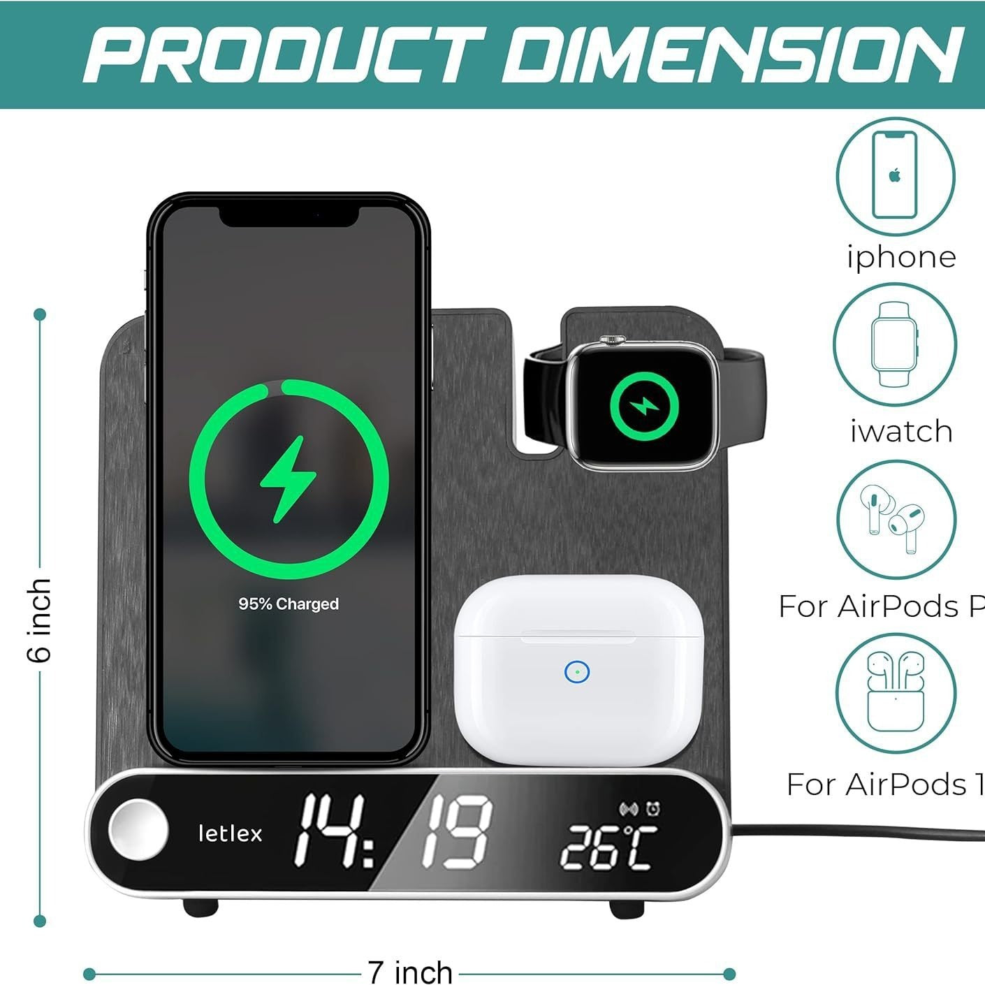 4-in-1 15W Fast Wireless Charging Station - Multifunctional Desk Clock with Phone, Watch & Earphone Charger