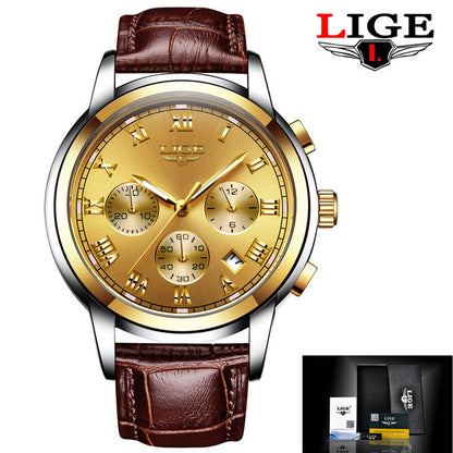 LIGE Casual Fashion Luminous Quartz Watch with Brown Leather Strap