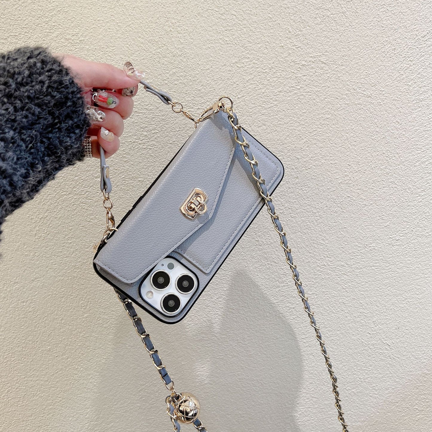 Wallet Card Holder Phone Case with Strap - Luxury Crossbody Chain Cover for iPhone