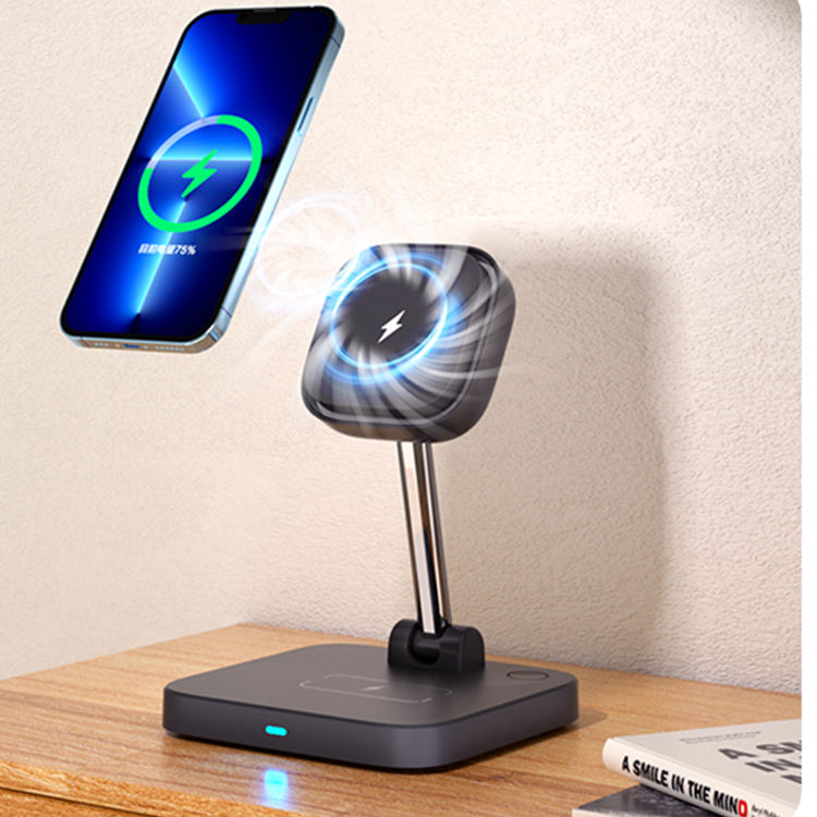 3-in-1 Magnetic Wireless Charger with Cooling Fan - Fast Charging Station Stand for iPhone, Watch & Earphones