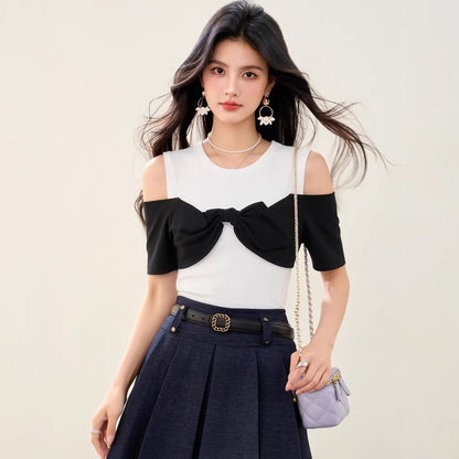 Stylish Color-Block Knitwear - Fitted Short Sleeve Top for Women