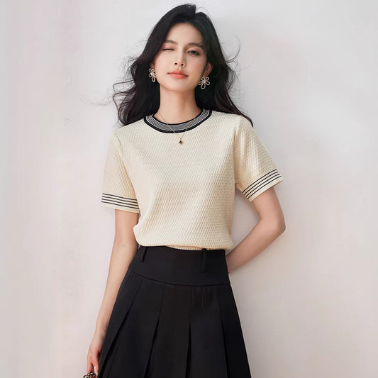 Academic Style Crew Neck Knit Top - Short Sleeve Women's Spring Shirt