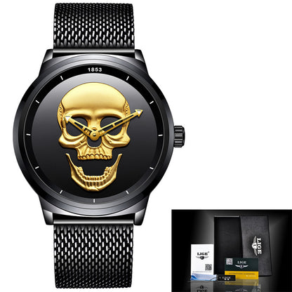 LIGE Men's Creative 3D Skull Watch - Punk Style Stainless Steel Quartz Wristwatch