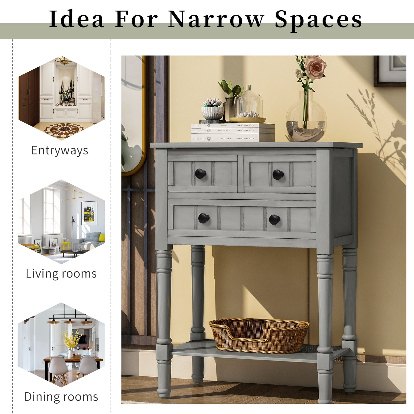 Narrow Console Desk/Sofa Table with Three Drawers (Grey Washed)