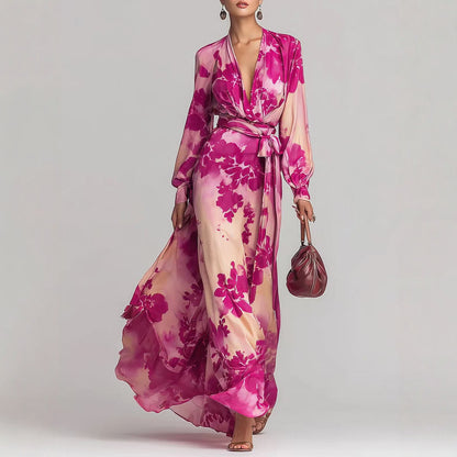 Women's Printed Chiffon V-Neck Maxi Dress - Elegant Long Sleeve Tie-Up Gown
