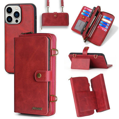Multi-Function Crossbody Zipper Wallet Case for iPhone 15 Pro Max - Magnetic Detachable Leather Cover with Strap
