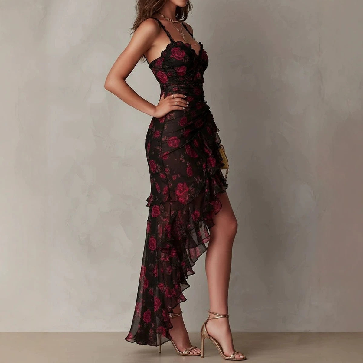 Sexy Spaghetti Strap Rose Print Dress with Asymmetrical Ruffle Slit Hem