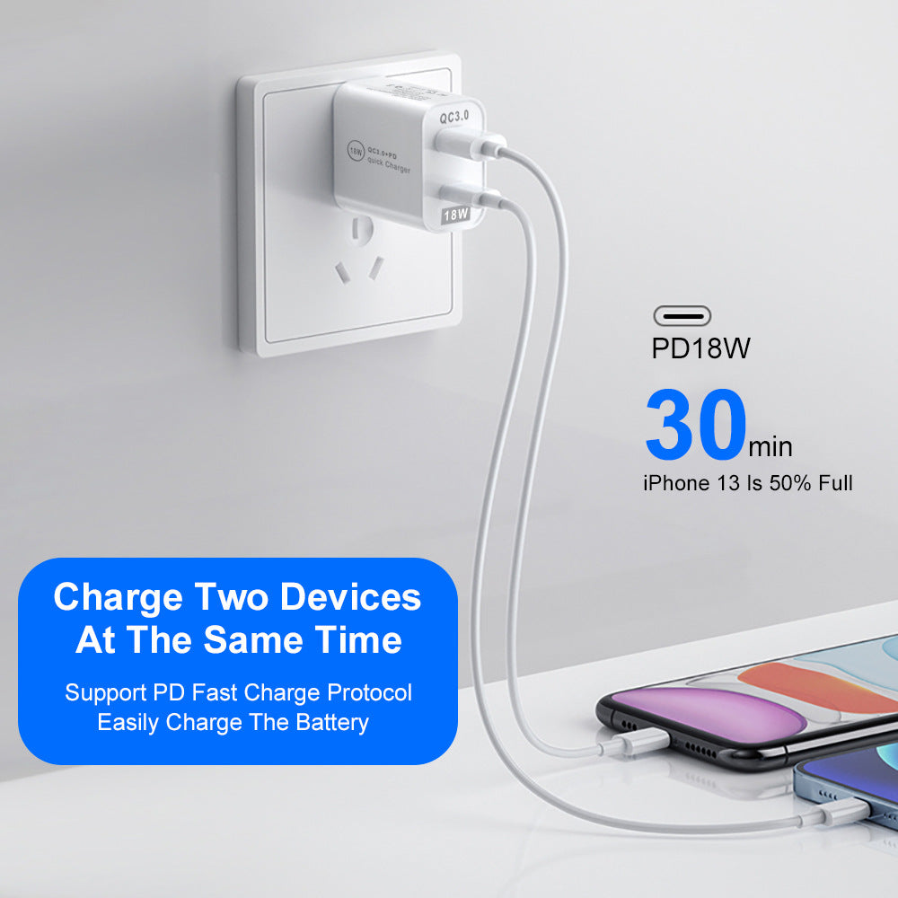 Dual-Port Fast Charging Adapter - 18W QC3.0 PD USB-A & Type-C Wall Charger