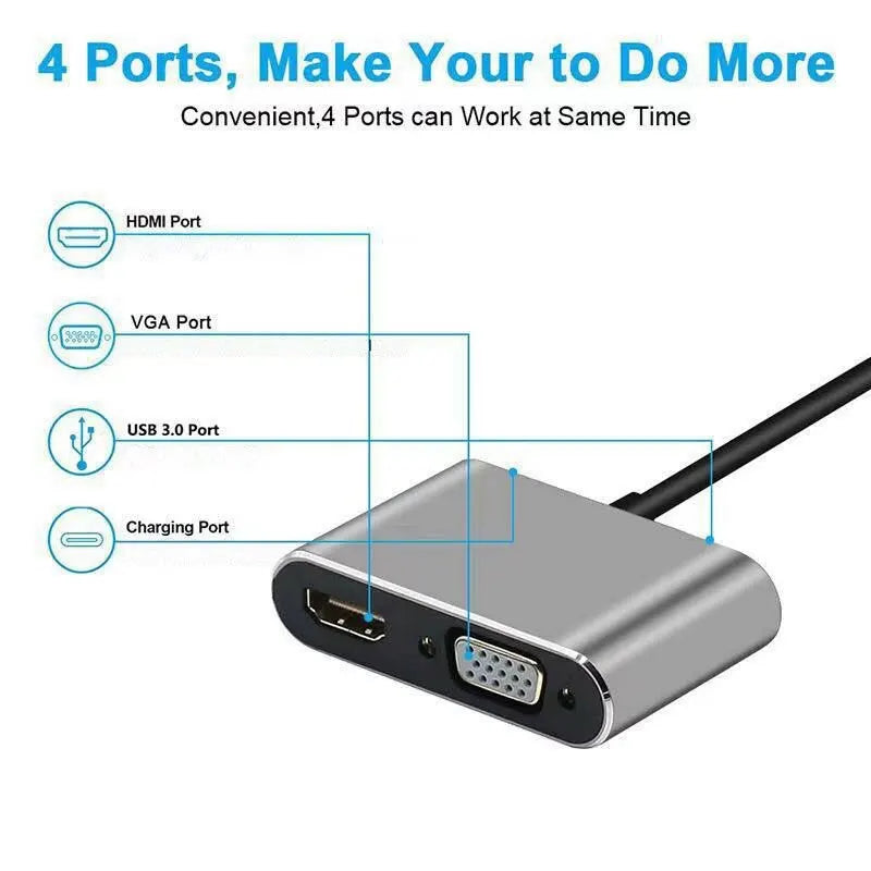 4-in-1 USB C Hub - Type-C Adapter with 4K HDMI, VGA, USB 3.0 & PD Fast Charge for MacBook and Laptops