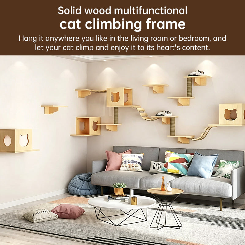 Wall Mounted Cat Climbing Shelf Set - Wooden Cat Condo, Bridges, Platforms & Scratching Post