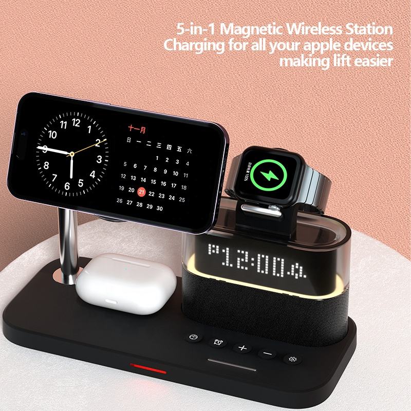 Multifunctional 3-in-1 Wireless Charging Station with Alarm Clock - Magnetic Desktop Charger Stand