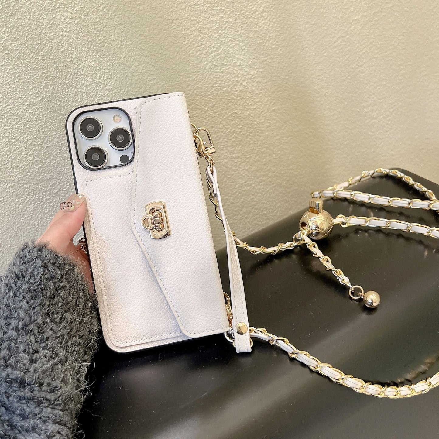 Wallet Card Holder Phone Case with Strap - Luxury Crossbody Chain Cover for iPhone