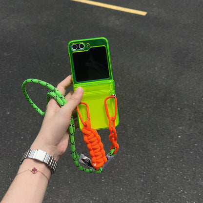 Trendy Crossbody Chain Strap Clear Neon Green Case - Shockproof Cover for Samsung Z Flip 5 Flip 4