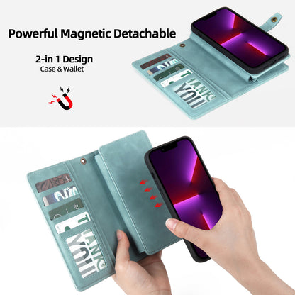 Multi-Card Slot Leather Flip Wallet Case for iPhone 15 14 13 12 Pro Max - Zipper Pocket Cover with Wristlet