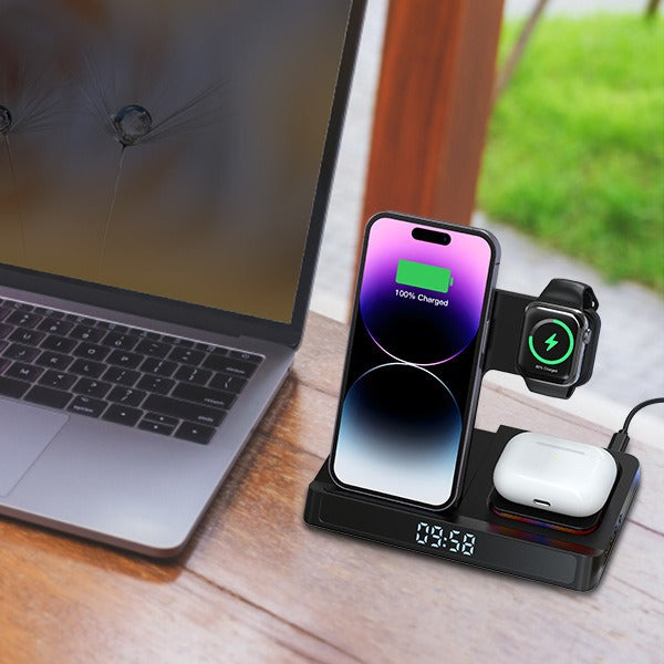 4-in-1 Folding Wireless Charging Station - Desktop Dock with Clock for iPhone & Apple Watch