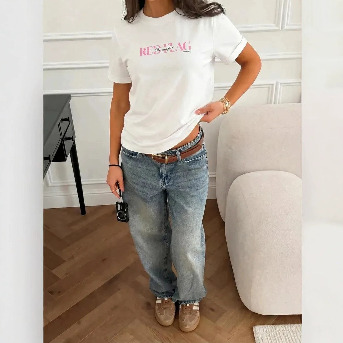 Red Flag" Slogan Printed Loose Round Neck T-Shirt for Women