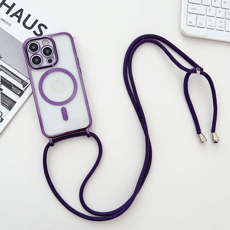 Electroplated Transparent Magnetic Lanyard Phone Case - Crossbody Shockproof Protective Cover for iPhone