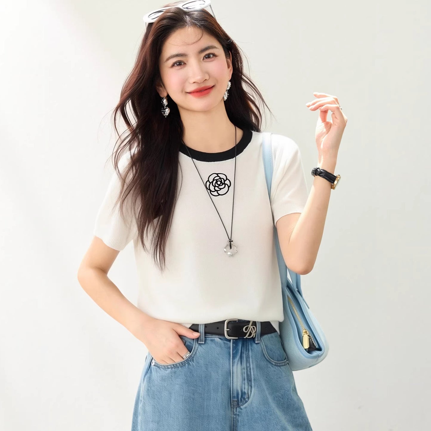 Women's Elegant Ice Silk Knit Top - Regular Shoulder Embroidered Camellia Tee