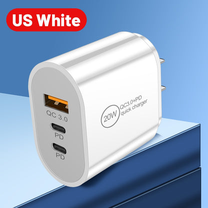 20W USB & Dual PD Type-C Fast Wall Charger - Multi-Port Universal Travel Charging Adapter