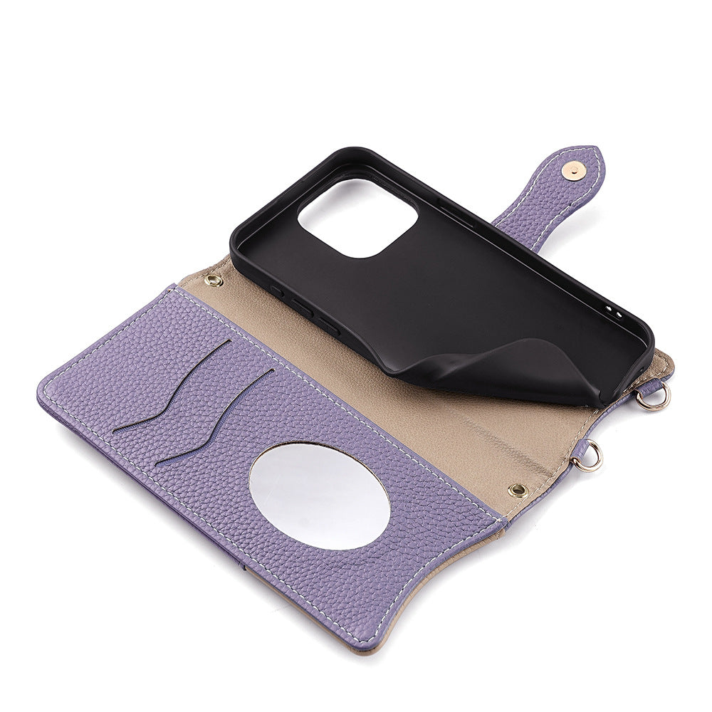 Crossbody Leather Wallet Case with Makeup Mirror & Card Holder for iPhone 17 16 15 14 Pro Max - Zipper Pocket Stand Cover