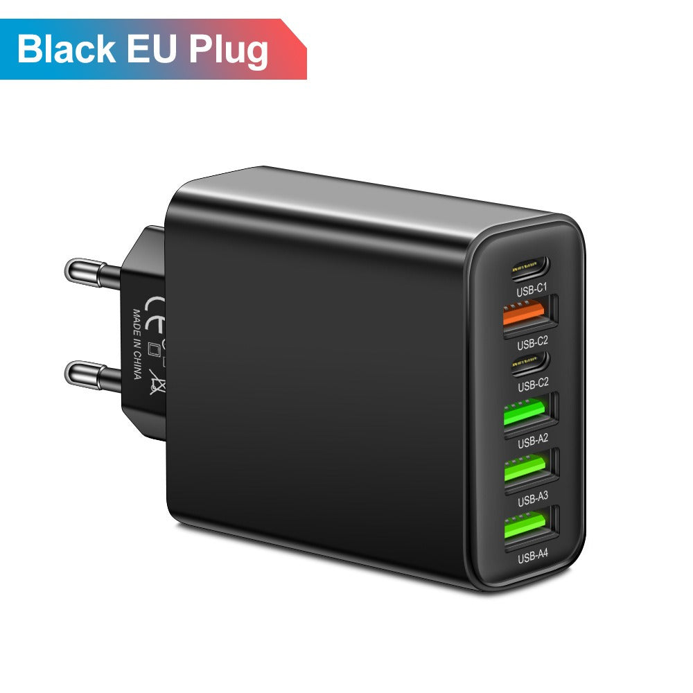 6-in-1 Multi-Port Travel Wall Charger - 2 Type-C PD & 4 USB Fast Charging Adapter