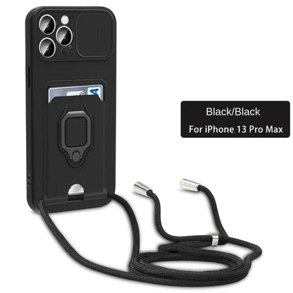 Crossbody Lanyard Phone Case with Card Holder & Ring Holder Kickstand for iPhone 15 14 13 12 11 Pro Max