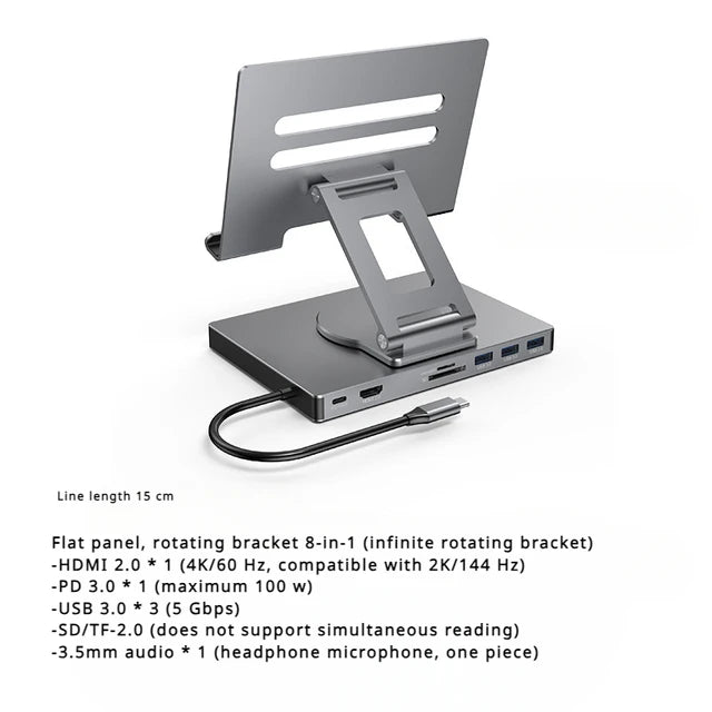 9-in-1 Type-C Docking Station - 4K/60Hz USB 3.0 Hub with Gigabit Ethernet & 360° Rotary iPad Holder Stand