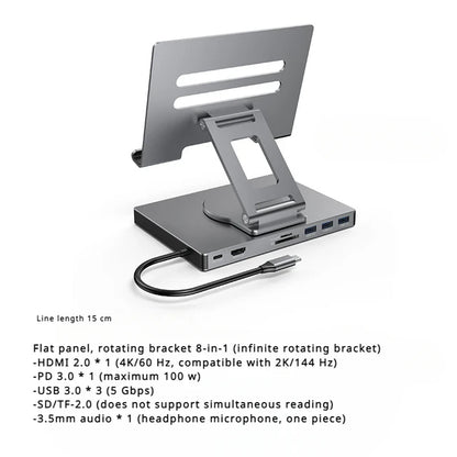 9-in-1 Type-C Docking Station - 4K/60Hz USB 3.0 Hub with Gigabit Ethernet & 360° Rotary iPad Holder Stand