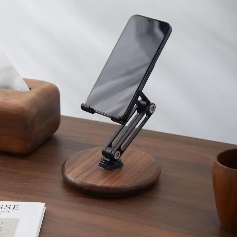 Executive Wooden Base Aluminum Phone Stand - 360 Rotating Foldable Desktop Holder for iPhone & Tablets