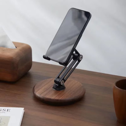 Executive Wooden Base Aluminum Phone Stand - 360 Rotating Foldable Desktop Holder for iPhone & Tablets
