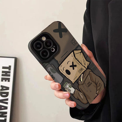 Funny Cardboard Box Head Social Anxiety Cartoon Phone Case for iPhone 15 14 13 12 11 Pro Max - Soft TPU Cover