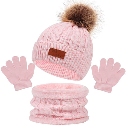 Toddler Autumn Winter Warm Beanie Set with Faux Fur Pom Pom