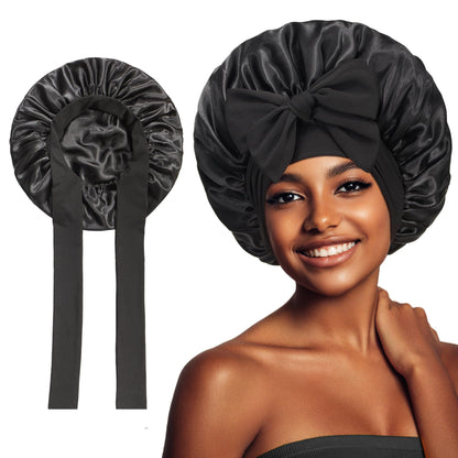 Wide-Brimmed Satin Bonnets with Elastic Ribbon Bow | Solid Color Hairdressing Sleep Cap