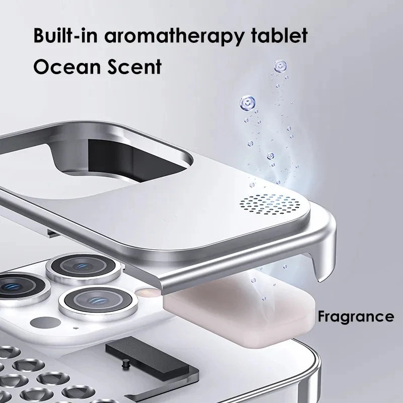 Breathable Hollow Aluminum Alloy Phone Case with Fragrance Pad - Shockproof Cooling Metal Cover for iPhone