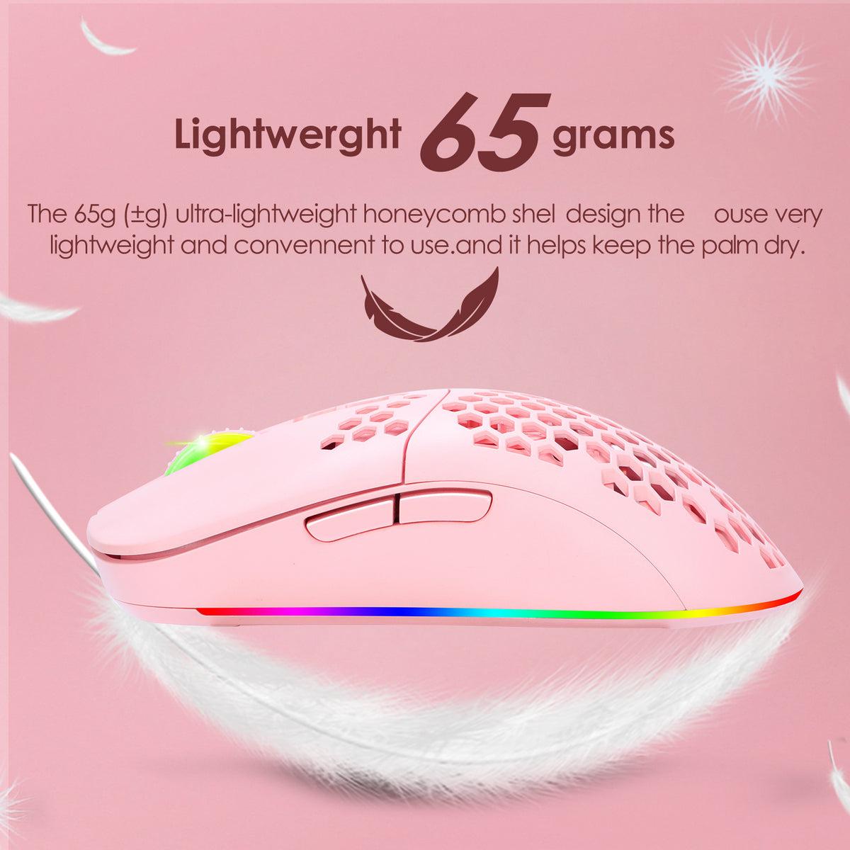 Lightweight Wireless Bluetooth Mouse - RGB Honeycomb Mute Gaming Mouse with Rechargeable Battery