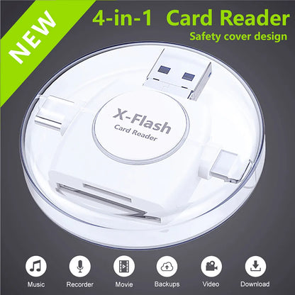 4-in-1 Universal OTG SD/TF Card Reader - USB, Type-C, Lightning & Micro USB Adapter for iPhone, Android & PC