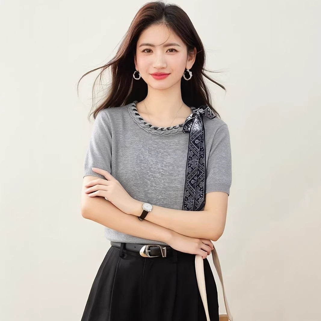 Elegant Bow Knotted Short Sleeve Knit Top - Summer Chic High-End Fashion