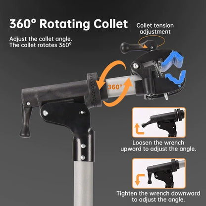 360 degree rotating collet tool holder with adjustable tension and instructional graphics.