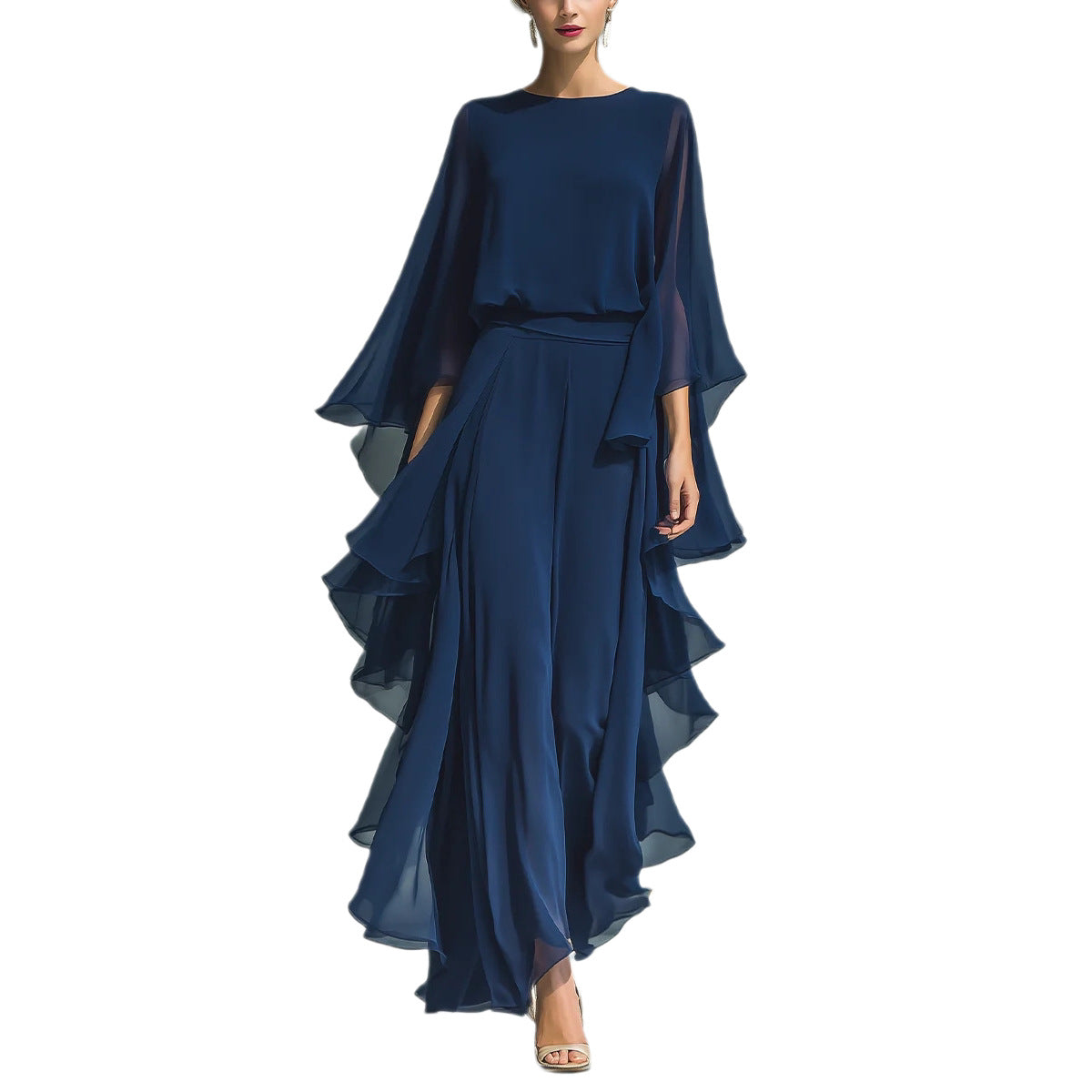 Women's Elegant Deep Blue Ruffle Wide-Leg Pants Set - Two-Piece Long Sleeve Outfit