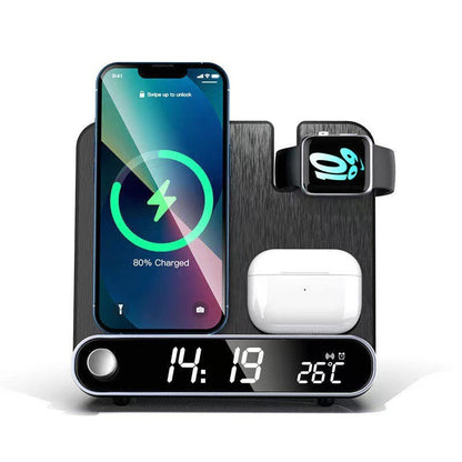 4-in-1 15W Fast Wireless Charging Station - Multifunctional Desk Clock with Phone, Watch & Earphone Charger