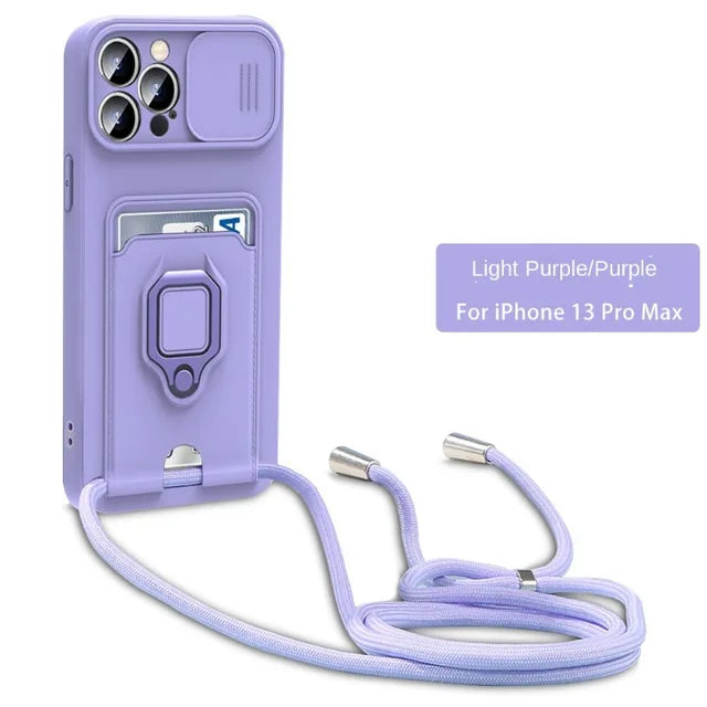 Crossbody Lanyard Phone Case with Card Holder & Ring Holder Kickstand for iPhone 15 14 13 12 11 Pro Max