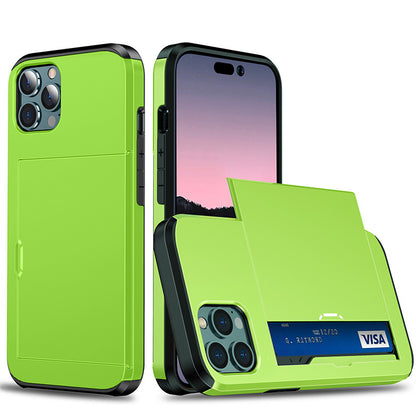 Sliding Card Holder Case for iPhone 14 13 12 Pro - Hidden Wallet Slot Anti-Drop Armor Cover